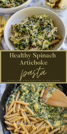 healthy spinach artichoke pasta with pesto sauce in a skillet on the side