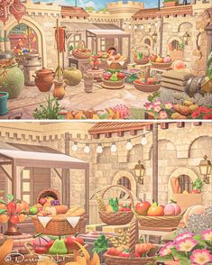 two pictures of an outdoor cafe with fruit and vegetables