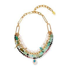 Gold-plated brass, chrysoprase, apatite, crystal, turquoise, dark green aventurine, and tourmaline, freshwater cultured pearls (Hyriopsis cumingii, farmed, China) Dimensions: 13"l, 4" extender S-hook fastening Avoid excessive humidity and sunlight. Store in provided dust bag Made in USA | Lizzie Fortunato Vizcaya Necklace in Mint Lizzie Fortunato Necklace, Handblown Glass Pendant, Apatite Crystal, Gold Horns, Lizzie Fortunato, Hoop Charms, Tourmaline Beads, Fall Accessories, Freshwater Cultured Pearls