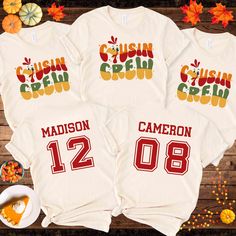 ⭐️ For single-side shirts WITHOUT names and numbers on the back, DM us or go to: https://www.etsy.com/listing/1797265316/⭐️   Thanksgiving Cousin Crew Shirts, Matching Cousin Shirts for Kids through adults! Shop with Confidence! We are a 5-Star Rated Shop! Step up your Thanksgiving Cousin Gathering by stepping into these retro "Cousin Crew" t-shirts! These eye-catching shirts feature a bold, on-style, retro-inspired design and funky font. Best of all you can personalize with each cousin's name a Cousin Thanksgiving, Reunion Favors, Cousin Crew Shirts, Family Reunion Favors, Cousin Shirts, Funky Fonts, Family Reunion Shirts, Number Shirt, School Sweatshirts