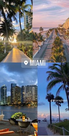 the miami skyline is shown in three different pictures