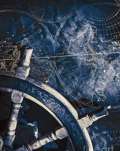 the steering wheel and spokes of a ship's helm are depicted in this artistic photograph