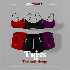 three women's sports bras with the words trip and shorts on them in black, red, purple, and white