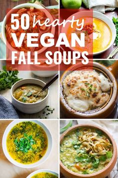 the cover of 50 healthy vegan fall soups, including broccoli and other vegetables