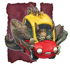 an image of a cartoon character driving a car with wings on its head and claws in his mouth