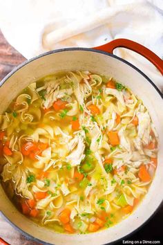 chicken noodle soup with carrots and celery in a red pot