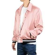 Designed with a bold modern look, this satin-finished bomber jacket is made for optimal comfort and mobility. It has the versatility to wear as athletic activewear or a casual jacket at the club or latest music festival. You can wear alone as a light jacket or layer for additional warmth in colder climates. Size: L.  Color: Pink.  Gender: male.  Age Group: adult. Pink Nylon Casual Windbreaker, Pink Hooded Sports Outerwear, Pink Nylon Outerwear With Zipper Closure, Pink Relaxed Fit Button-up Outerwear, Pink Double-lined Hooded Sports Jacket, Men's Coats And Jackets, Latest Music, Light Jacket, Casual Jacket