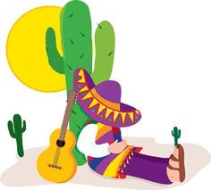 a mexican guitar player with sombrero and cactus