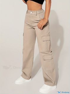 Orcajump - Flap Pockets Casual Straight Jeans, Loose Fit Y2K Style Cargo Pants, Women's Denim Jeans & Clothing Trendy Khaki Straight Leg Cargo Jeans, Full Length Khaki Cargo Jeans For Fall, Solid Jeans With Cargo Pockets For Fall, Khaki Full-length Cargo Jeans, Khaki Full Length Jeans With Pockets, Full Length Khaki Jeans With Pockets, Baggy Khaki Denim Pants, Khaki Cargo Jeans For Streetwear, Mid-rise Khaki Jeans For Streetwear