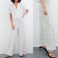 High Waisted Wide Leg Polka Dot Pants. Elegant Polka Dot Bottoms For Workwear, Elegant Polka Dot Bottoms For Work, Chic Polka Dot Summer Bottoms, Chic High Waist Polka Dot Bottoms, Chic Polka Dot Bottoms For Spring, Chic Fitted Polka Dot Pants, Chic Polka Dot Fitted Pants, Fitted Polka Dot Chic Pants, Elegant Polka Dot Bottoms For Spring