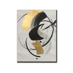 an abstract painting with gold and black paint on white paper, in the shape of a circle