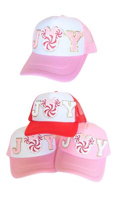 three hats with the letters y and y in red, white, and pink colors