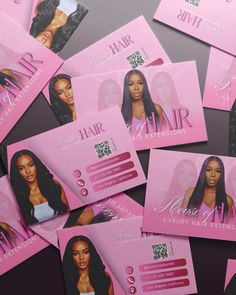 pink hair salon business cards with an image of a woman's face on them