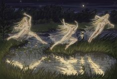 three women are dancing in the water at night with their hair blowing in the wind