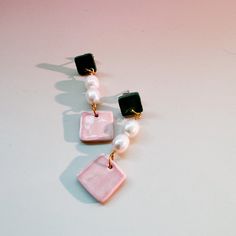 handmade ceramic statement earrings Handmade Square Pink Jewelry, Handmade Pink Square Jewelry, Pink Square Jewelry Gift, Pink Square Jewelry For Gifts, Kelly Green And Pink, Fever Dream, Black Glaze, Black Stud, Pink Ceramic