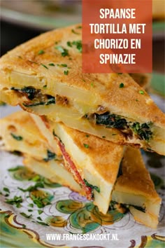 two grilled sandwiches stacked on top of each other with text overlay reading spanish tortilla met chorizo en spinach