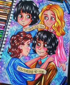 a drawing of three girls hugging each other with words written on their backs in colored pencils