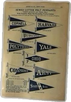 an old poster with pennants and numbers on it's sides, including the names of several different types of pennants