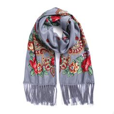 PRICES MAY VARY. Material: cotton and polyester. Traditional folk scarf with flower print Size: The length of this rectangular scarf with tassels is 190cm*67cm/75inch * 26.4inch(including tassels ) Lightweight,soft and close to the skin, the manufacturers commitment does not fade, no pilling,Can be used as shawl, scarf, dresses and you can use this over-sized shawl as a picnic blanket during your Fall season activities. You can wrap and cover up in any different ways as you want. Exquisite packa