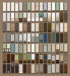 a large collection of doors and windows with different designs on them, all in various colors