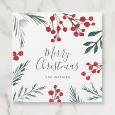 merry christmas card with red berries and greenery on white marble background, which reads the millers