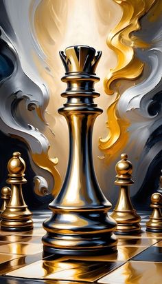 a painting of gold and black chess pieces on a checkerboard with flames in the background