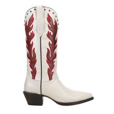 Intricate, feminine, and timeless. This is the ideal white leather boot with its unique embroidery and studs that highlight its silhouette. $247.95 Fitted White Snip Toe Boots, Classic White Snip Toe Boots, White Western Snip Toe Boots, White Western Boots With Snip Toe, White Western Boots With Leather Sole, White Leather Western Boots, Luxury Red Cowboy Boots With Pointed Toe, Luxury White Cowboy Boots With Pointed Toe, Luxury Red Women's Cowboy Boots