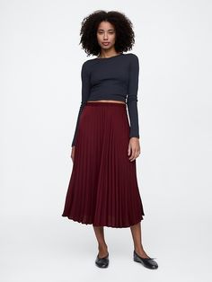 Satin Pleated Midi Skirt | Gap Factory Black Skirt Pleated, Midi Satin Skirt, Pleated Satin Skirt, Pajamas Gift, Skirt Pleated, Baby Pajamas, Slip Skirt, Satin Skirt, Holiday Looks