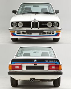 the front and rear view of an old bmw coupe car, with different colors on it