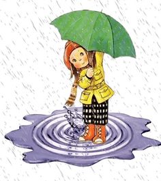 a drawing of a girl holding an umbrella over her head while standing in the rain