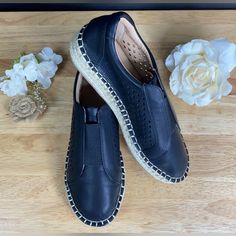 New Without Box Retail Value $85.00 Heel Height Or Type- 1.25" Sole Closure Type-Slip N Shoe Width- Medium Footbed - Cushioned Toe Style- Round Vegan Leather - Polyurethane Spot Clean Slip-on Flats With Perforated Toe Box, Low-top Slip-on Flats With Perforated Toe Box, Spring Low-top Slip-ons With Leather Sole, Black Flats With Perforated Toe Box, Black Almond Toe Slip-ons For Spring, Black Slip-on Loafers With Perforated Toe Box, Casual Black Loafers With Perforated Toe Box, Casual Slip-on Loafers Medium Width, Casual Low-top Loafers With Medium Width