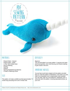 a stuffed blue whale with white tail and black eyes is featured in the pattern book