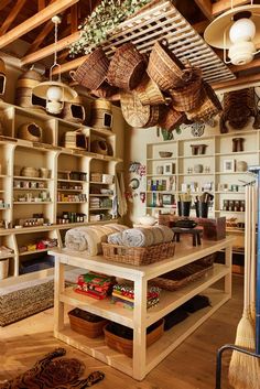 a room filled with lots of shelves and baskets on top of it's walls