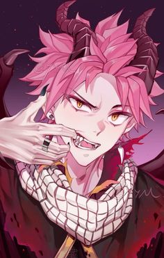 an anime character with pink hair and horns, holding his hand to his face while wearing a