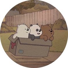 three bears are sitting in a cardboard box