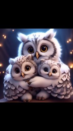 three owls sitting on top of each other in front of a dark background with lights