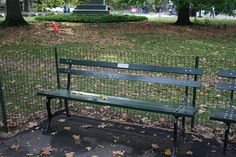 two green park benches sitting next to each other