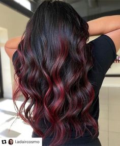 Balayage Hair Red And Black, Burgundy Peekaboo Highlights, Black To Wine Red Ombre Hair, Dark Cherry Hair Balayage, Red Hair Balayage Black, Wine Hair Ombre, Hair Colour Red Highlights, Wine Red Hair Color Highlights, Red Cherry Highlights