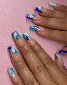 Blue Acrylic Nail Designs Ideas, Blue Aesthetic Nails Acrylic, Blue Nails With Accent Nail, Nurse Nails, Pink Blue Nails, Rave Nails, Accent Nail Designs, Nail Art Inspo, New Nail Art Design