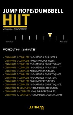 the jump rope / dumbbell workout plan is shown in yellow and black with instructions for how to use it