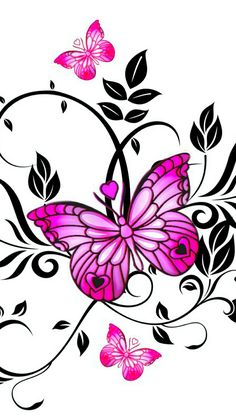 a pink butterfly with black swirls and leaves