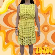 #truevintage 70s crochet bright yellow dress with chiffon lining, ideally fit a size 10 or loose fitted 8. feels like cotton but unsure about material composition. . Bust 42cm (double for full measurement) 95cm from top to bottom . #vintagecrochetdress #crochetdress  #crochet #70s #70dress Crochet 70s, Vintage Crochet Dress, Crocheted Dresses, 70s Crochet, Vintage Crochet Dresses, Bright Yellow Dress, Yellow Crochet, Crochet Vintage, 60s Dress