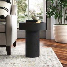 a living room with a chair, table and potted plant