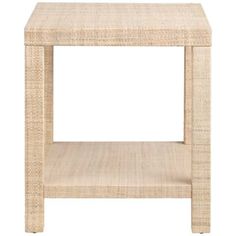 an end table made out of wicker with one shelf on the top and two shelves below it