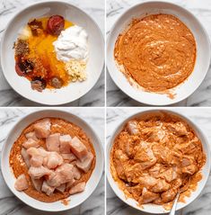 four pictures showing the steps to make an entree with meats and vegetables in bowls