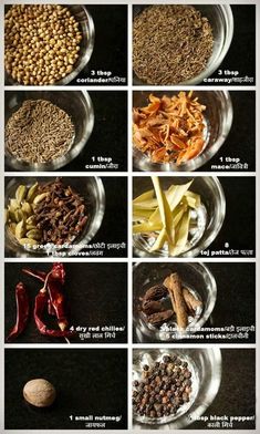 different types of spices and seasonings in bowls