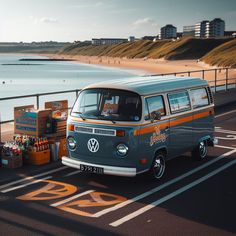 an old vw bus is parked on the side of the road by the beach