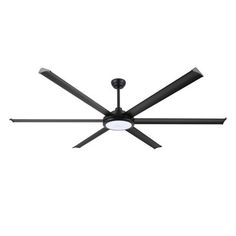 a ceiling fan that is black and has three blades on it, with one light on the