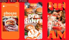 three cell phones with different images on them and the words cheeseburger, pra gadera