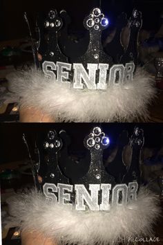 two photos of a tiara with the words senior and senior written in silver on it